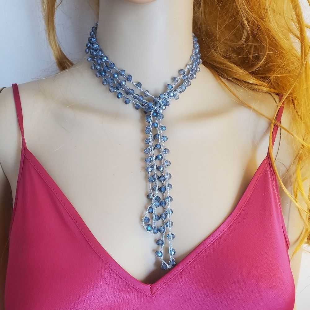 Long Grey Blue Sparkly Crystal Bead Necklace - Picture 7 of 12